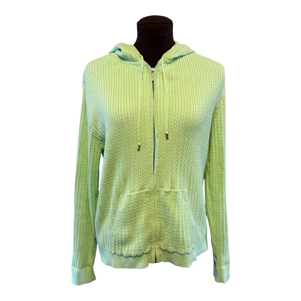 Lauren Ralph Lauren Lime Green Cable Knit Zip-Up Hooded Cardigan Sweater size XL - Picture 2 of 10